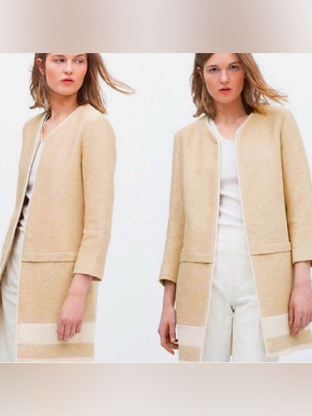 Cream Linen & Cotton Collarless Duster Spring Coat